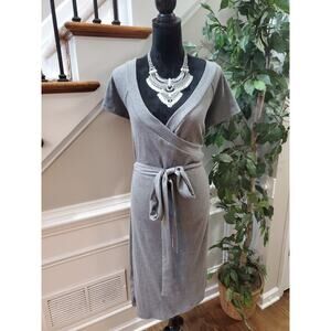 CCX Women's Gray Solid Cotton V-Neck Short Sleeve Casual Knee Length Dress L/20